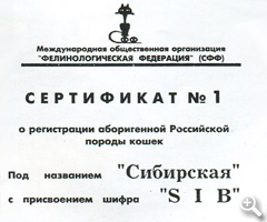 Cертификат №1 о регистрации аборигенной Российской породы кошек - 'Сибирская'
